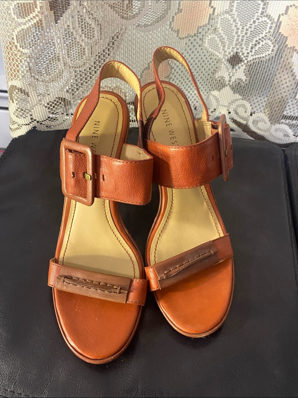 Nine West Cognac Leather Buckle Slingback Sandals